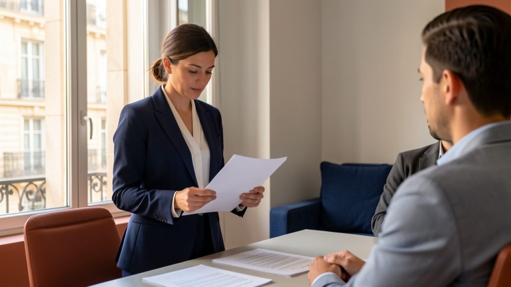 Une avocate examine des documents juridiques vierges avec un client dans un bureau lumineux aux détails architecturaux marseillais.
