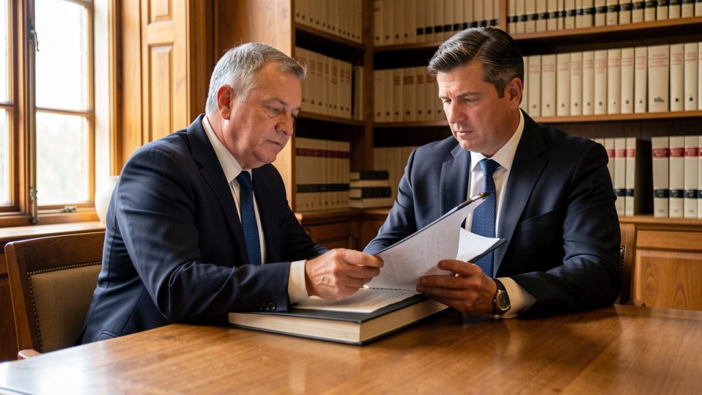 Un avocat en costume examine attentivement un dossier juridique dans un bureau au décor évoquant un tribunal.