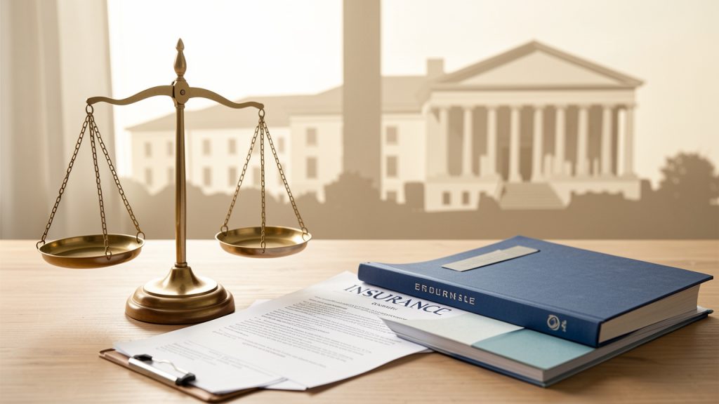 Balance juridique posée près d’un dossier d’assurance fermé, symbolisant la défense des droits après un refus d’indemnisation.