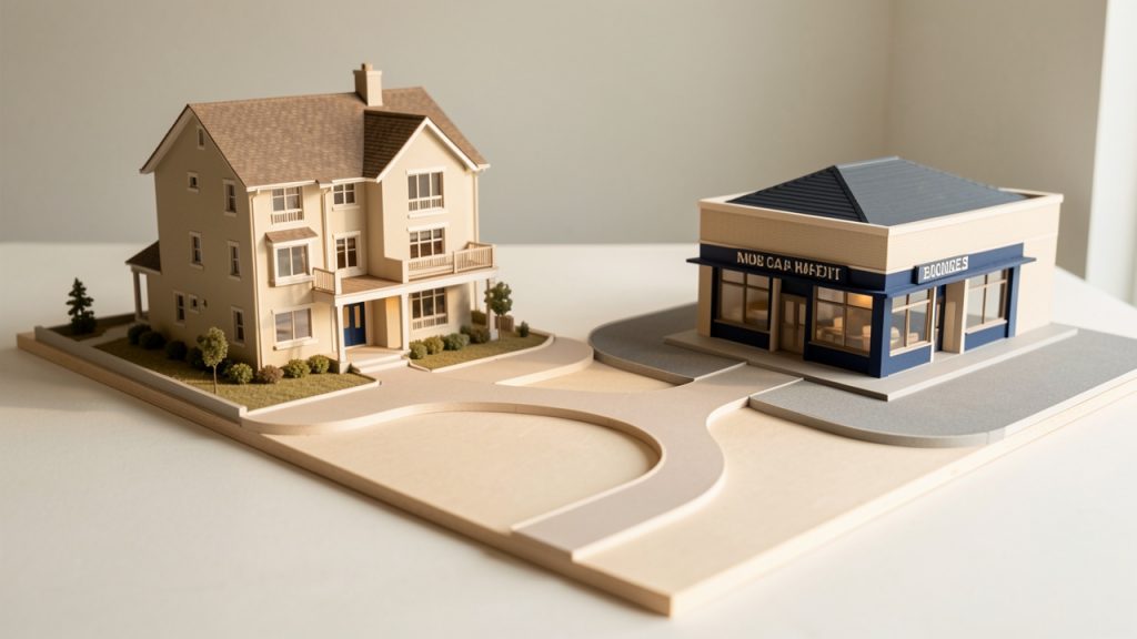 Maquette d’une maison familiale et d’un local professionnel reliés par deux chemins symbolisant le choix entre différentes structures juridiques.