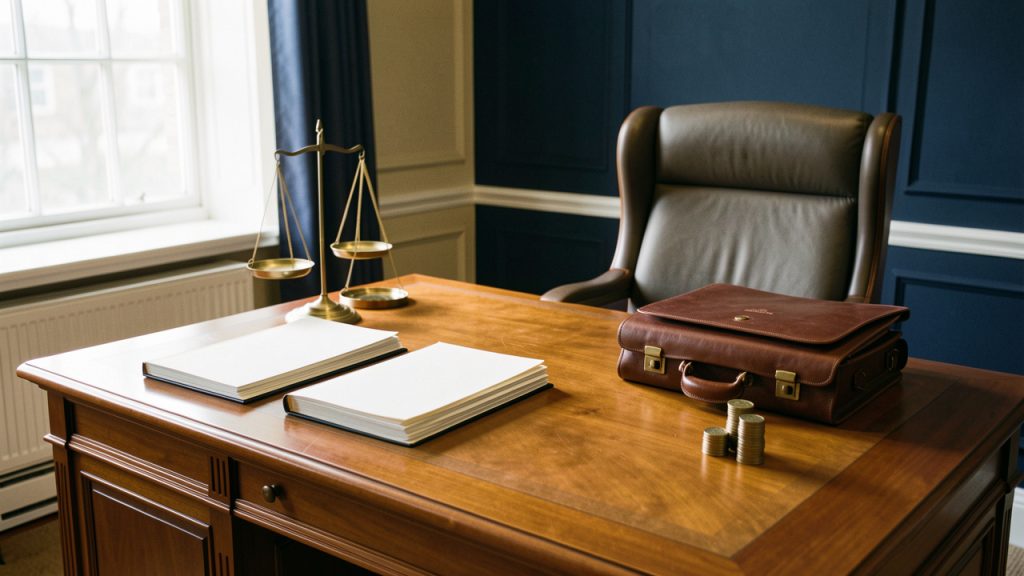 Salle d’audience administrative sobre avec balance juridique, dossiers vierges, mallette en cuir et pièces symbolisant les honoraires d’un avocat.
