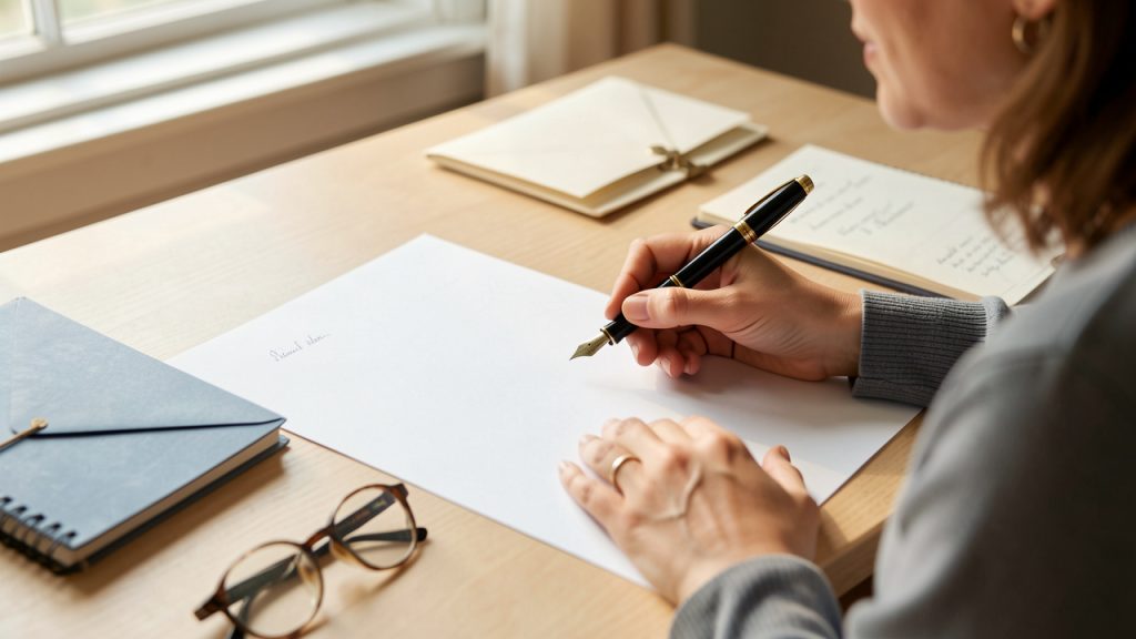 Une femme rédige soigneusement une lettre formelle sur une feuille blanche, installée à un bureau éclairé par la lumière naturelle.