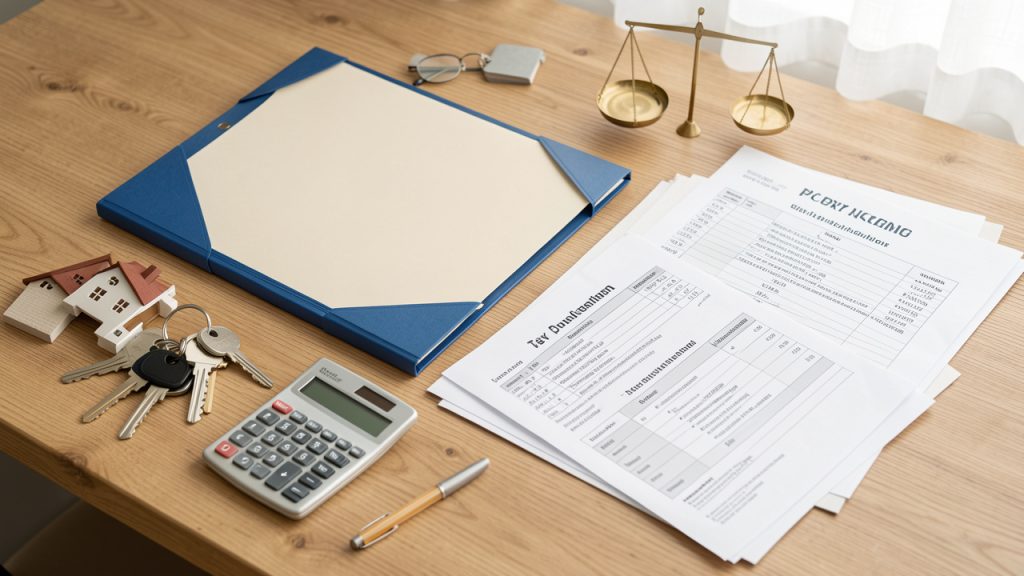 Clés de logement, calculatrice, dossiers juridiques vierges et balance symbolisant la gestion légale de la fiscalité des loyers