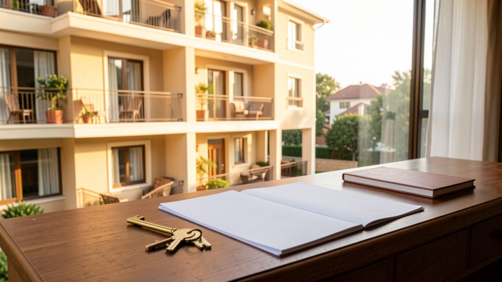 Immeuble résidentiel meublé et documents administratifs vierges évoquant la gestion d’un investissement locatif après la fin d’un dispositif fiscal.