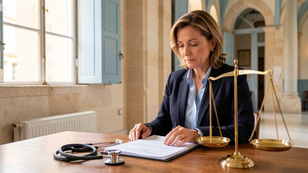 Une avocate examine un dossier médical fermé avec un stéthoscope et une balance de justice dans une atmosphère de palais de justice marseillais.