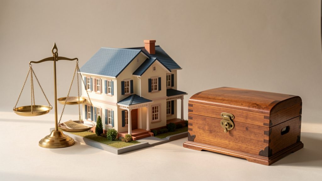 Maquette d’un bien immobilier accompagnée d’une balance en laiton et d’un coffret évoquant la transmission patrimoniale.