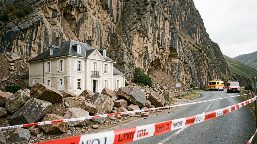 Résidence française située au pied d’une paroi rocheuse après un éboulement, entourée de rubalise de sécurité, avec des véhicules de secours visibles au loin.